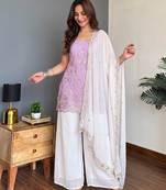 Lavender Embroidered Palazzo Suit with White Dupatta
