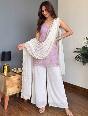 Lavender Embroidered Palazzo Suit with White Dupatta 2