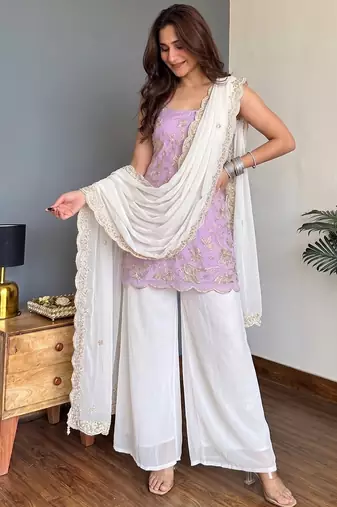 Lavender Embroidered Palazzo Suit with White Dupatta