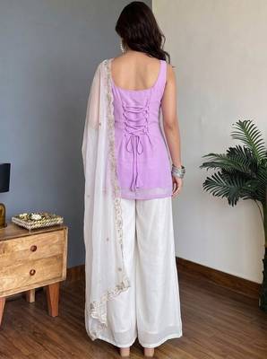 Lavender Embroidered Palazzo Suit with White Dupatta 3