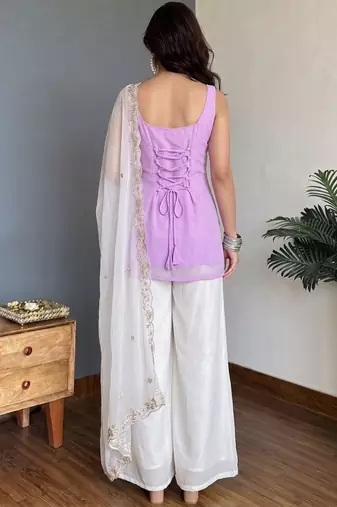 Lavender Embroidered Palazzo Suit with White Dupatta