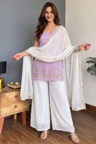 Lavender Embroidered Palazzo Suit with White Dupatta