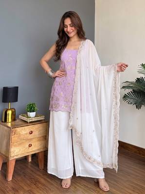 Lavender Embroidered Palazzo Suit with White Dupatta 5