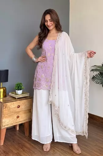 Lavender Embroidered Palazzo Suit with White Dupatta