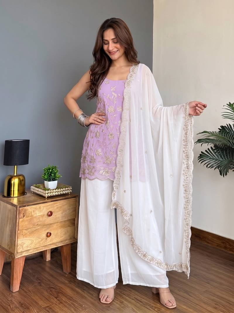 Lavender Embroidered Palazzo Suit with White Dupatta