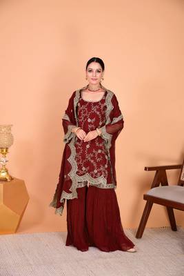 Maroon Embroidered Sharara Suit with Dupatta 1