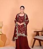 Maroon Embroidered Sharara Suit with Dupatta