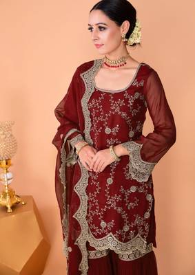 Maroon Embroidered Sharara Suit with Dupatta 2
