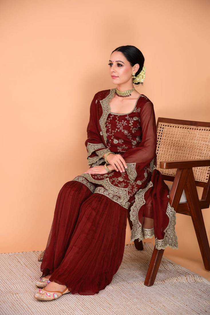 Maroon Embroidered Sharara Suit with Dupatta