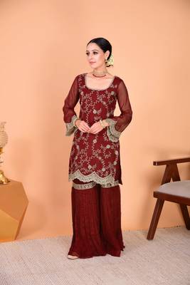 Maroon Embroidered Sharara Suit with Dupatta 4