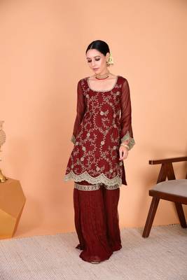 Maroon Embroidered Sharara Suit with Dupatta 5