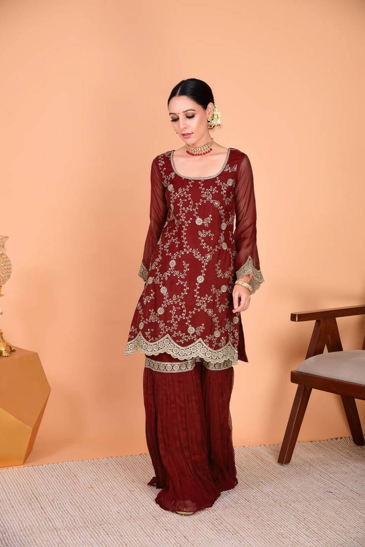 Maroon Embroidered Sharara Suit with Dupatta