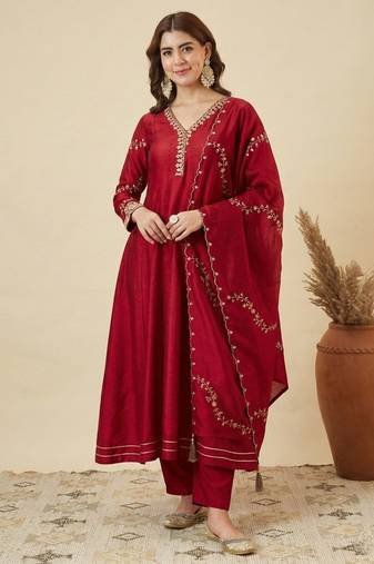 Wine Red Embroidered Anarkali Suit with Dupatta | Elegant Festive & Wedding Wear