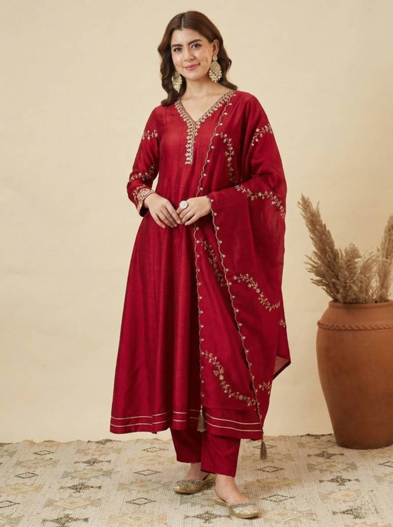 Wine Red Embroidered Anarkali Suit with Dupatta | Elegant Festive & Wedding Wear