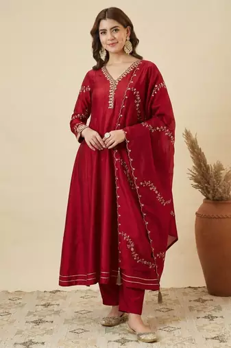 Wine Red Embroidered Anarkali Suit with Dupatta | Elegant Festive & Wedding Wear
