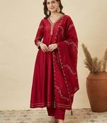 Wine Red Embroidered Anarkali Suit with Dupatta | Elegant Festive & Wedding Wear