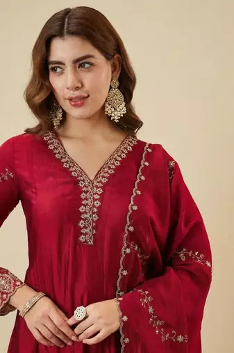 Wine Red Embroidered Anarkali Suit with Dupatta | Elegant Festive & Wedding Wear