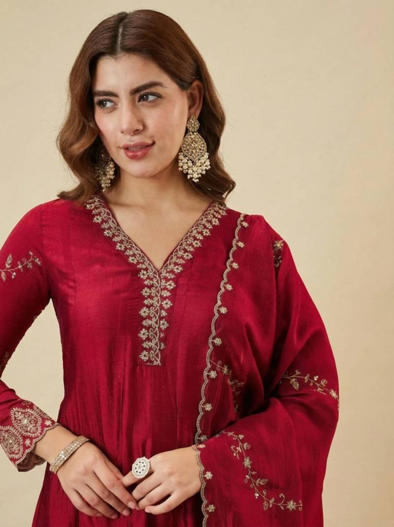 Wine Red Embroidered Anarkali Suit with Dupatta | Elegant Festive & Wedding Wear