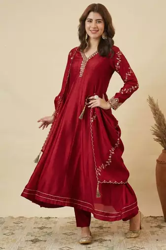 Wine Red Embroidered Anarkali Suit with Dupatta | Elegant Festive & Wedding Wear