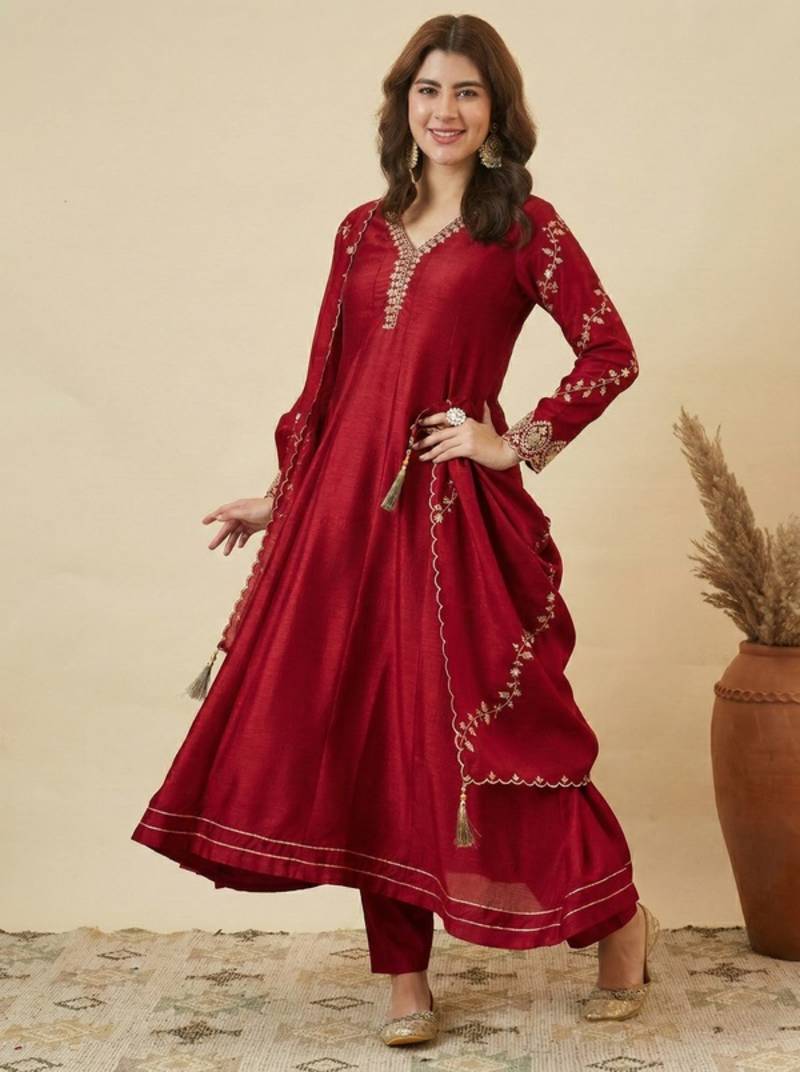 Wine Red Embroidered Anarkali Suit with Dupatta | Elegant Festive & Wedding Wear
