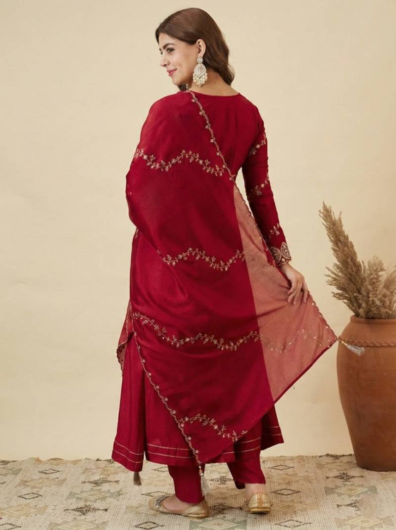 Wine Red Embroidered Anarkali Suit with Dupatta | Elegant Festive & Wedding Wear