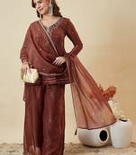 Rust Brown Embroidered Peplum Palazzo Suit