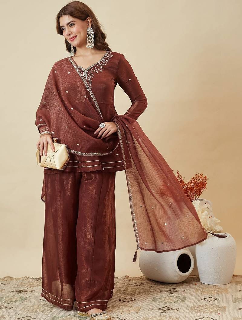 Rust Brown Embroidered Peplum Palazzo Suit