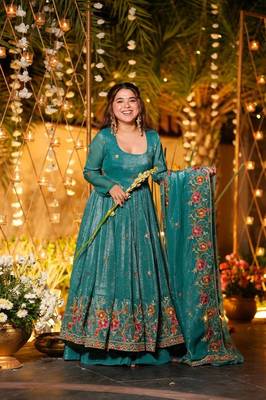 Teal Blue Floral Printed Anarkali Suit with Dupatta 1