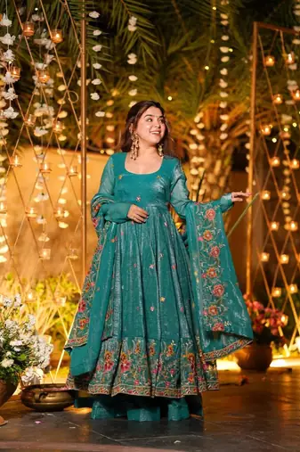 Teal Blue Floral Printed Anarkali Suit with Dupatta