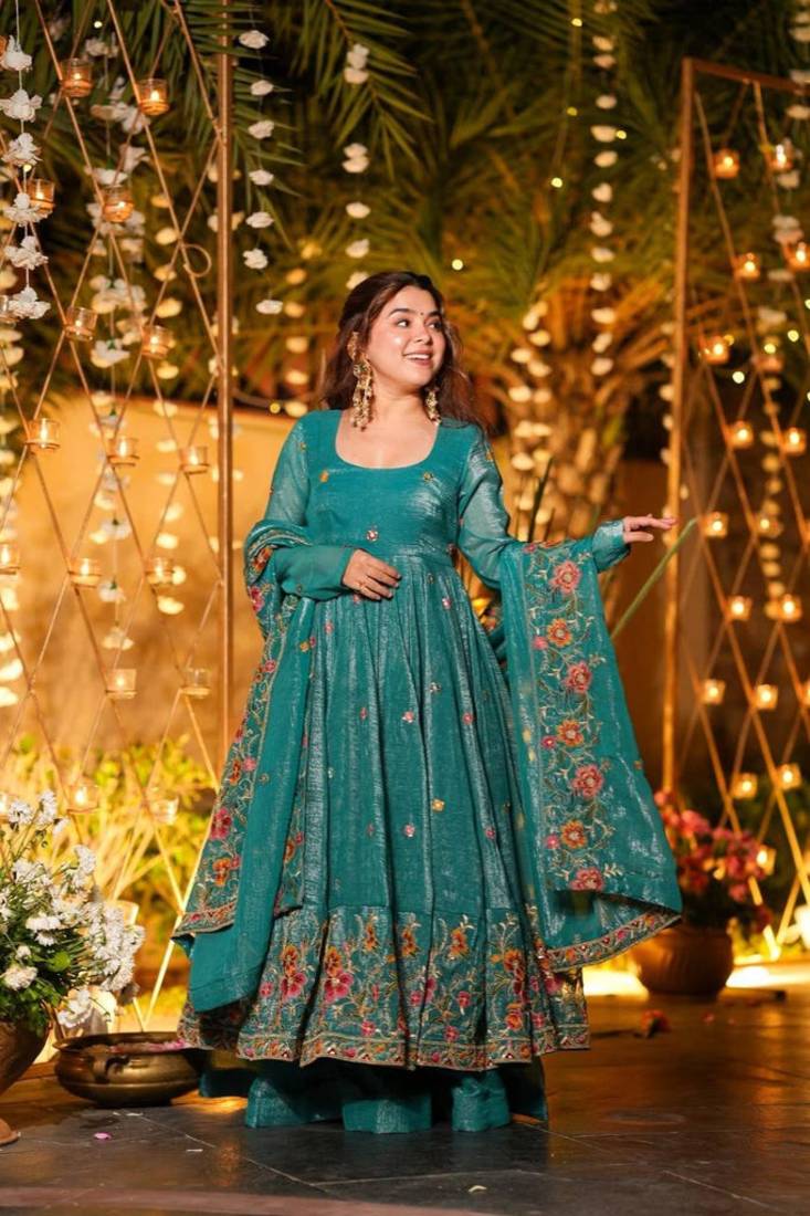 Teal Blue Floral Printed Anarkali Suit with Dupatta