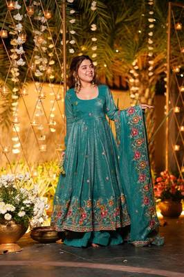 Teal Blue Floral Printed Anarkali Suit with Dupatta 3