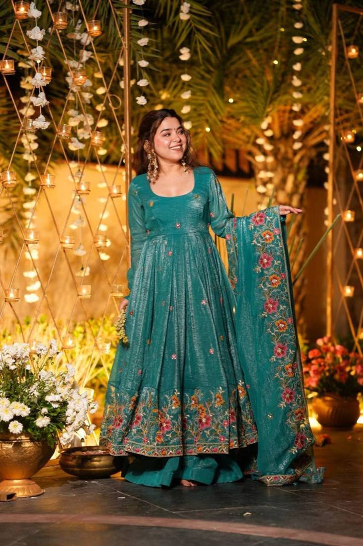 Teal Blue Floral Printed Anarkali Suit with Dupatta