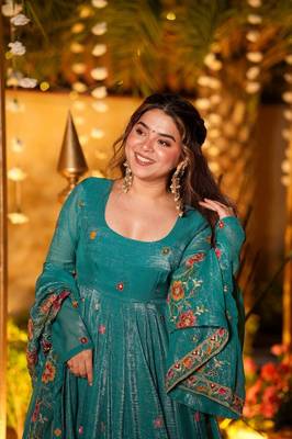 Teal Blue Floral Printed Anarkali Suit with Dupatta 5