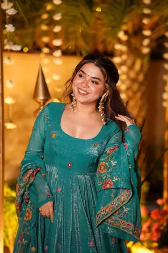 Teal Blue Floral Printed Anarkali Suit with Dupatta