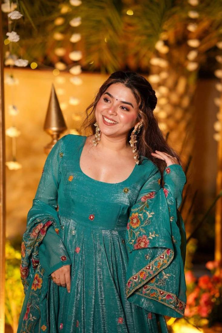 Teal Blue Floral Printed Anarkali Suit with Dupatta