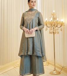 Dusty Blue Embroidered Anarkali Palazzo Suit with Dupatta