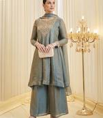Dusty Blue Embroidered Anarkali Palazzo Suit with Dupatta