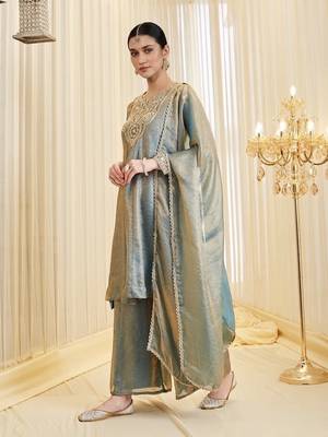 Dusty Blue Embroidered Anarkali Palazzo Suit with Dupatta 4