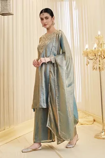 Dusty Blue Embroidered Anarkali Palazzo Suit with Dupatta