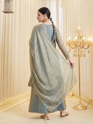 Dusty Blue Embroidered Anarkali Palazzo Suit with Dupatta 5