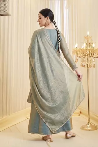 Dusty Blue Embroidered Anarkali Palazzo Suit with Dupatta