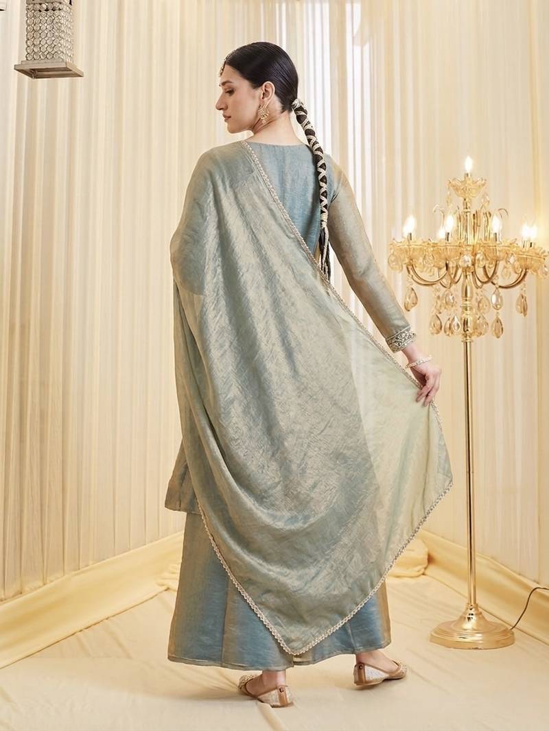 Dusty Blue Embroidered Anarkali Palazzo Suit with Dupatta