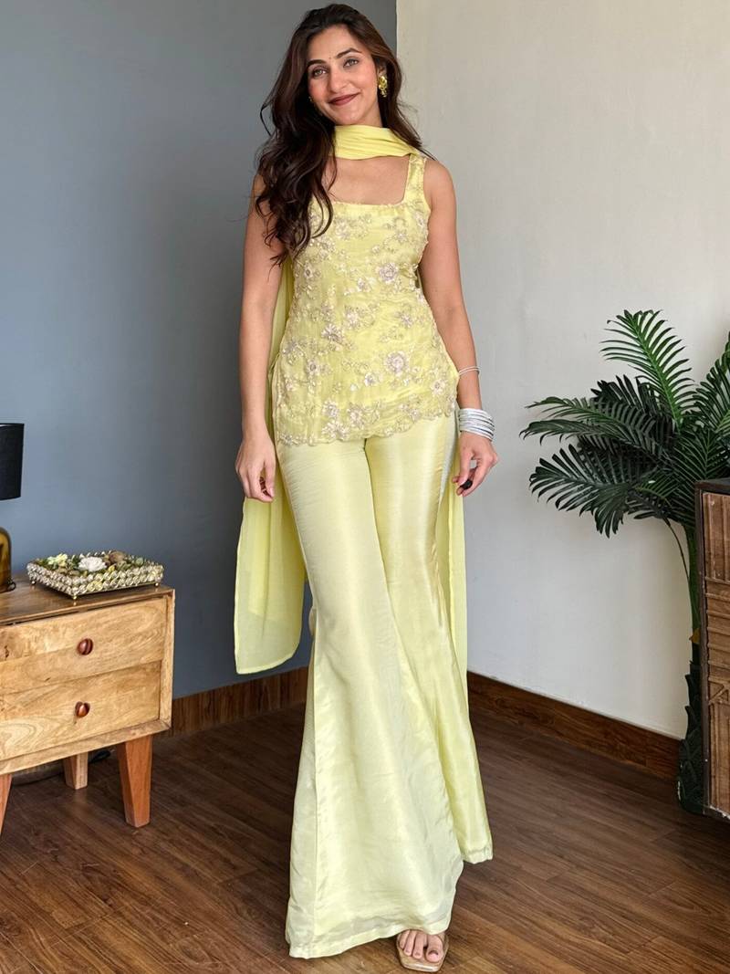 Lime Green Embroidered Palazzo Suit with Dupatta