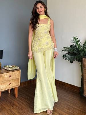 Lime Green Embroidered Palazzo Suit with Dupatta 1