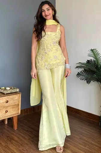 Lime Green Embroidered Palazzo Suit with Dupatta