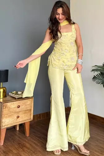 Lime Green Embroidered Palazzo Suit with Dupatta