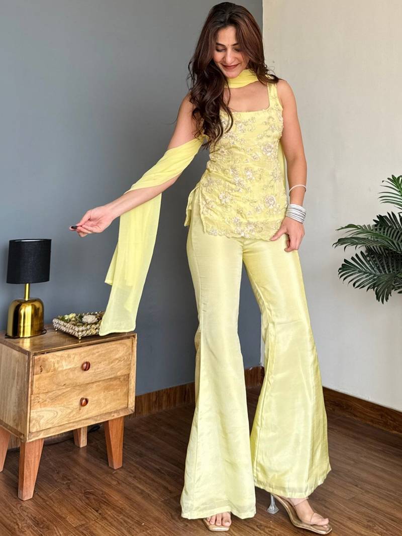 Lime Green Embroidered Palazzo Suit with Dupatta