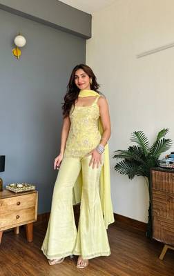 Lime Green Embroidered Palazzo Suit with Dupatta 3