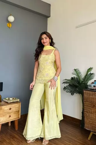 Lime Green Embroidered Palazzo Suit with Dupatta