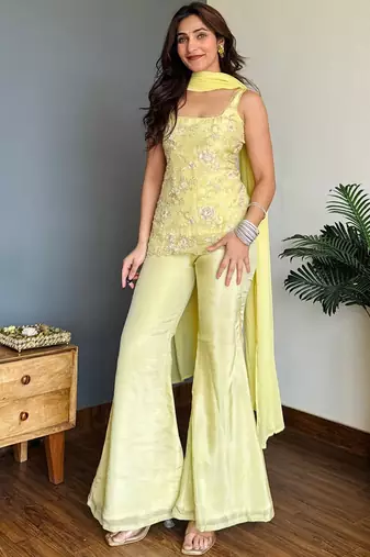 Lime Green Embroidered Palazzo Suit with Dupatta